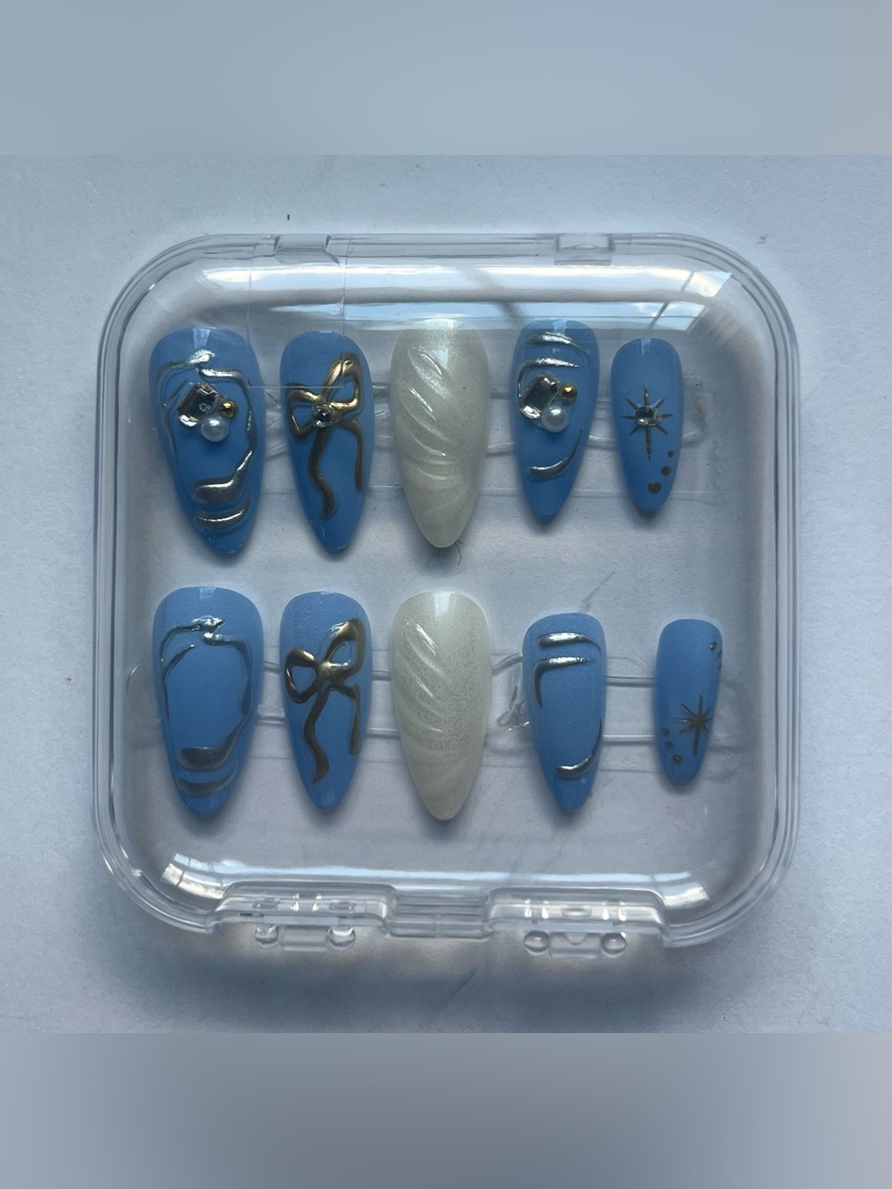 Blue & Pearl Stiletto Press-On Nails with Gold Accents